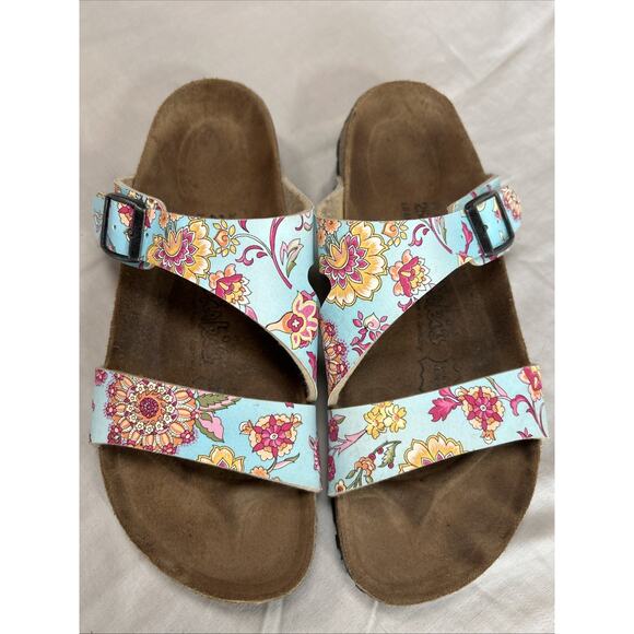 Birkenstock Birki’s Blue Floral Double Strap Leather Sandal Wmn Size EU 39US 8 - Picture 1 of 8